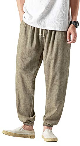 Vanvene - Pantaloni casual da uomo in lino e cotone, leggeri e larghi, da spiaggia, yoga, gamba ampia Giallo L