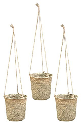 Cabilock 3 Stücke Hängetopf Seegras Blumentopf Blumenvase zum Aufhängen Hängender geflochtene Pflanztopf Blumenampeln Hängeampeln Blumenkorb Hängepflanztopf Blumen Pflanzer Töpfe Halter
