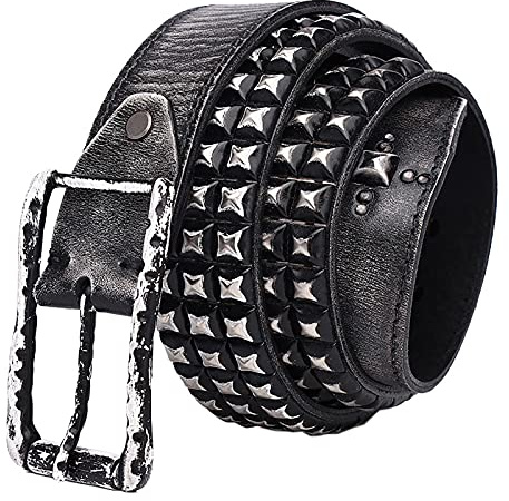 Damen Echtes Leder Gürtel mit 3-reihig konischen Pyramidennieten, Vintage Mode Schnalle Nietengürtel,Ledergürtel kürzbar,Schwarz,120cm(40~42)