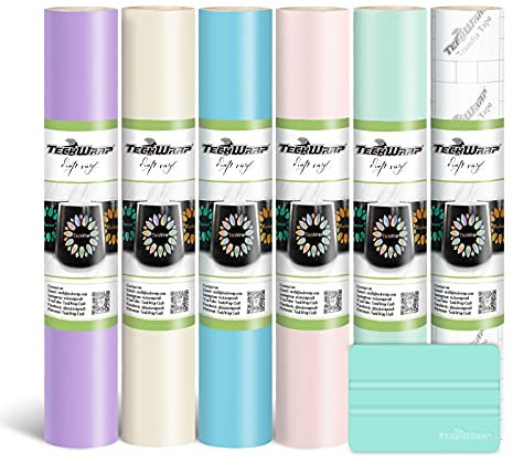 TECKWRAP Permanent Adhesive Vinyl Bundle for Crafting Cutter 12'' x 36''/Rolls, Ivory,Blue,Cyan,Green,White,Lavender,Pink,Coffee,Purple