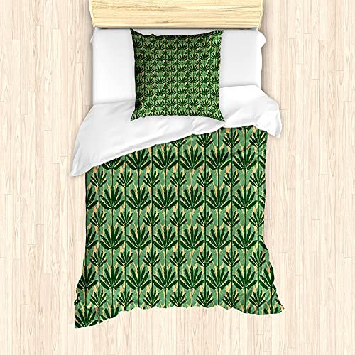 ABAKUHAUS Banana Leaf Fitted Sheet, Windmill Palm Trees, Decorative 2 Piece Bedding Set with 1 Pillow Sham, 135 cm x 200 cm - 80 x 80 cm, Pale Yellow Jade Green