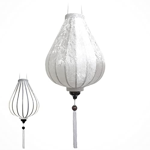 Laterne Lampion Asiatische aus Seide Weiß, G Ø33cm - Traditionelle Hoi An Hängelampe aus Stoff, Bambus und Holz - Dekoration und Handwerk aus Vietnam (G25-B)
