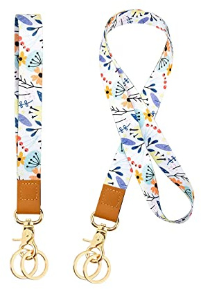 IOPJLK Courroie de Cou de Lanière, Porte-clé Clef Bracelet Lanière Tour de Poignet Cordon Strap, Imprimé Fleuri Personnalisé, Pour Porte Badges d'Identification,Clés,Caméra,Téléphone Portable (Blanc)