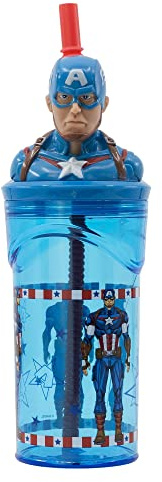 Stor Bicchiere Originale Marvel Captain America da 360 ML per bambini con cannuccia incorporata e figure 3D dei personaggi famosi del cinema.