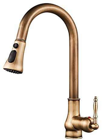 Rubinetto Cucina con Doccetta Estraibile, Miscelatore Cucina Estraibile Ottone Antico Girevole Acqua Fredda e Calda Foro Singolo Rubinetti Cucina Estraibile-B