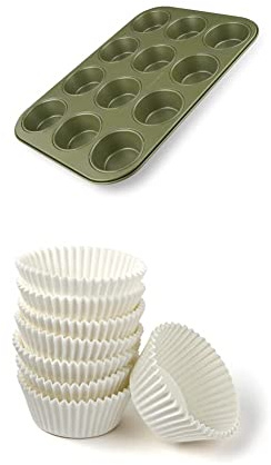 Zenker Set Incluye 1 Green Vision Molde Magdalenas, Cupcakes y Muffins con Recubrimiento ILAG con Cera de Carnauba Natura y 100 Cápsulas Magdalenas, Moldes individuales para cupcakes,