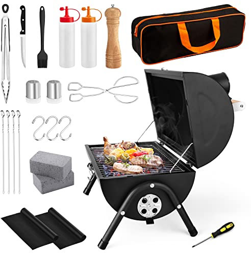 Tragbarer Holzkohlegrill 23er Set, HaSteeL Kleiner Kompakter BBQ Grill, Mini Klappbarer Outdoor Grill mit Kamin, Tischgrill & Grillzubehör für Barbecue Camping, Schraubendreher & Thermometer