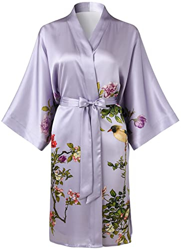 Ledamon Kimono för kvinnor, kort badrock av 100% siden, Ljus violett, one size