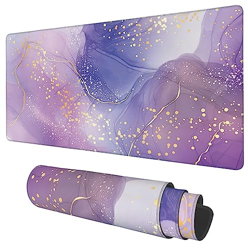Desk Mat, Purple Rose and Lavender Liquid Marble Extended Gaming Mouse Pad Large, 35.4x15.7 Big Mouse Pad with Non-Slip Base and Stitched Edge, Long Computer Keyboard Mouse Mat for Home Office Work