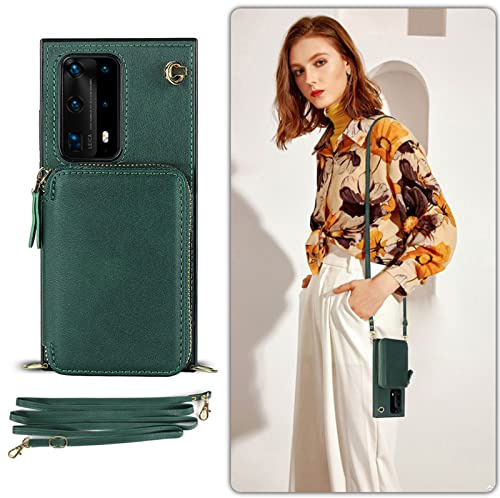 SINQERISHT Handykette Hülle für Huawei P30 Lite Wallet Handyhülle PU Leder mit Reißverschluss Kartenfach Ständer Handytasche TPU Bumper Case mit Kordel Kette Schutzhülle Cover(Grün)
