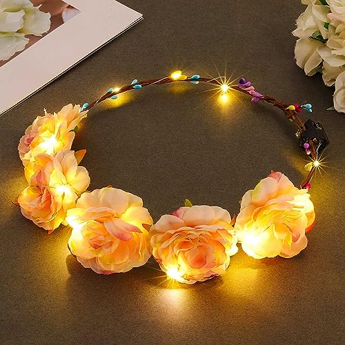 Zoestar LED-Blumenkronen-Stirnbänder, beleuchteter Haarkranz, Stirnband, Brautgirlande, Kopfschmuck, Blumenfest-Kopfschmuck, Haarschmuck für Damen und Mädchen