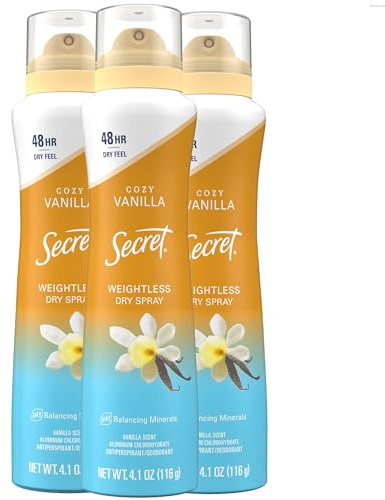 Secret Dry Spray Antiperspirant Deodorant for Women, 48hr Weightless Sweat & Odor Protection, Gentle on Skin, Cozy Vanilla Scent, 4.1 oz (Pack of 3)