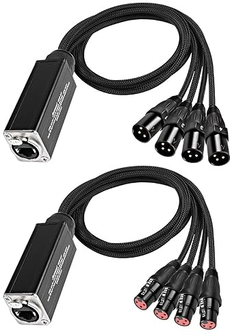 XMSJSIY Audio Schlange 4-Kanal 3-Pin XLR Extender Multi Netzwerk Empfänger zu Ethercon Kabel für DMX512 XLR männlich/weiblich zu RJ45 weiblich über geflochtene Cat5/6/6e Stadium Aufnahme -2PCS