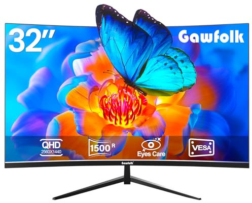 Gawfolk 32 QHD (2560 x 1440) 2K 1500R Computer Monitor - Curved Computer Monitor 75Hz - VA Screen for Home, Office and Dorm, Wall Mount - Black