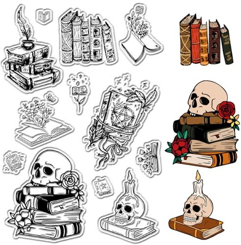 CRASPIRE Set di timbri Trasparenti in Silicone, con Disegni di Teschio, Libro degli incantesimi, Rosa e Candela, riutilizzabili per Il journaling, la creazione di Carte, la Decorazione Fai-da-Te