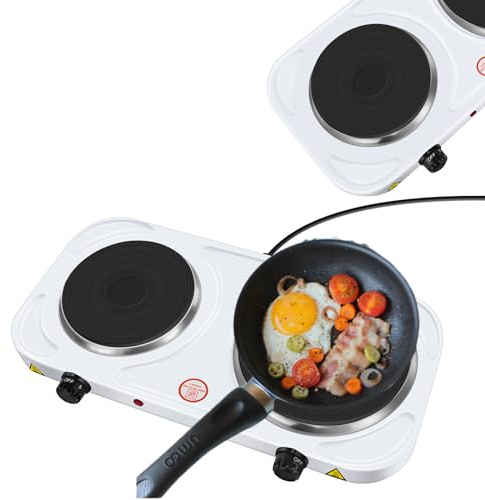 Double Hot Plate Electric Hob Portable, 1000W & 1500W Kitchen Table Top Cooker Double Camping Hob Infrared Cooktop, Durable Cast Iron Heating Element, Variable Temperature Setting, White