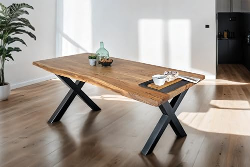 SAM Esstisch 220 x 100 cm Tomaso, Baumkantentisch naturfarben, Akazienholz massiv, X-Gestell aus Metall Schwarz, echte Baumkante