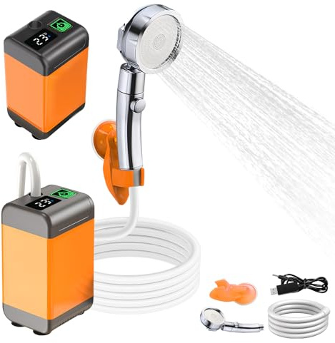 LYCEBELL Bärbar utomhus camping dusch med 4 800 mAh batteri utomhus camping dusch, 12 V mobil duschpump med duschmunstycke och slang med strömförsörjning för camping, resor och trädgårdsarbete.