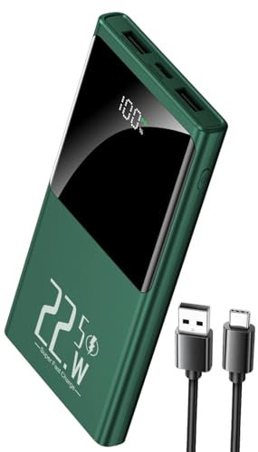 Tragbares Ladegerät 10000 mAh Powerbank 22,5 W Schnelllade-Akkupack mit USB-C-Eingang und -Ausgang und großem LED-Display Schlankes Tragbares Telefonladegerät für iPhone Google Android (Green)
