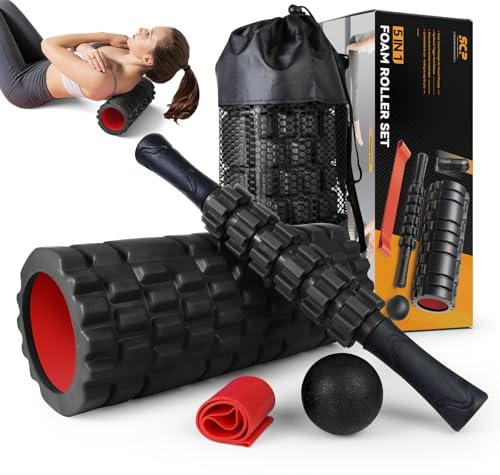 SUBCULTUREPICK Set di rulli in schiuma 5 in 1, rullo in schiuma per punti trigger, rullo massaggiante, palla massaggiante, fascia di resistenza per massaggi muscolari profondi, pilates, yoga, esercizi