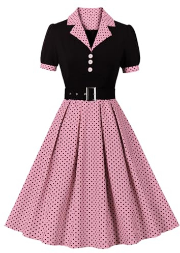 Odizli Rockabilly Kleider Damen 50er Jahre Vintage Audrey Hepburn Kurzarm V-Ausschnitt Polka Dot Swing Coctailkleid