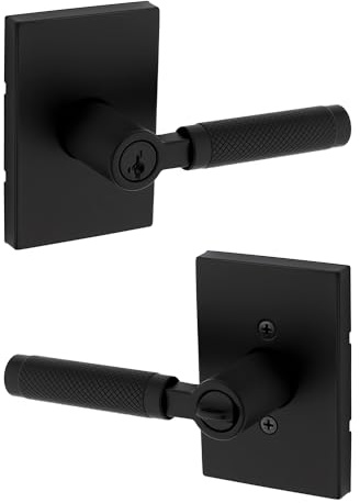 Kwikset Prava Entry Door Knurled Handle with Lock and Key, Secure Keyed Reversible Lever Exterior, for Front Entrance and Bedrooms, Matte Black, Pick Resistant Smartkey Rekey Security and Microban