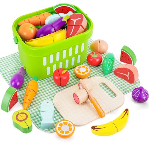 Cutting Play Food Toys for Kids Kitchen 1 2 3 Years Old, Wooden Pretend Meats、Fruits and Vegetables with Shopping Storage Basket, Play Kitchen Accessories for Toddlers Children Birthday Gift
