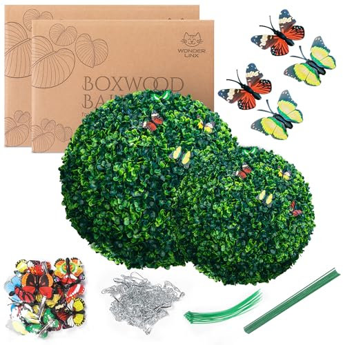 WonderLinx Juego de 2 bolas topiarias artificiales de boj para exteriores, esferas topiarias artificiales de 16 y 21 pulgadas para decoración de interiores y exteriores, resistentes a los rayos UV,