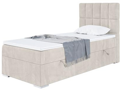 MEBLINI Boxspringbett mit Bettkasten - Gepolstert Einzelbett mit Matratze und Topper - Polsterbett mit Stauraum - Bett mit Kopfteil - Stauraumbett - Lukas - 80x200 Rechts - H3/Beige Samt
