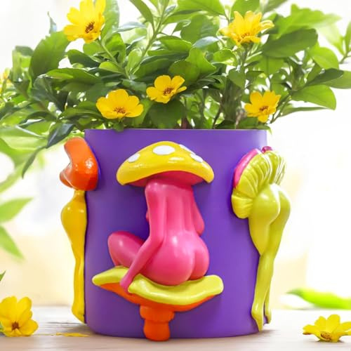 AmiCera Blumentopf mit Pilz Damenkörper, Schrullige Einzigartige Pflanzentopf, Boho Funky Eklektische Heimdekoration, Moderne BlumentöPfe In Pilzform für Zimmerpflanzen, Lila