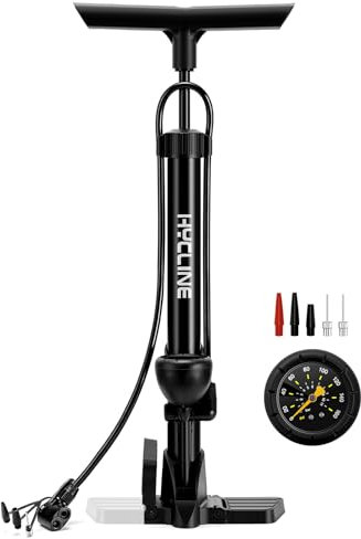 Hycline Bike Floor Pump with Gauge, Bicycle Pump with Presta & Schrader Valve, 160 PSI High Pressure Durable Air Pump for all Bikes - Inflator for Road MTB Tire, Ball, Balloon, Inflatables - Black