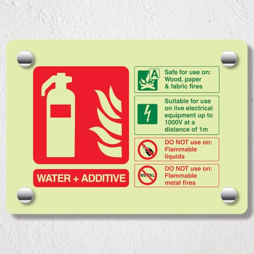 V Safety - Señal acrílica para extintor de agua que brilla en la oscuridad, paisaje de 150 x 100 mm, duradera, inastillable