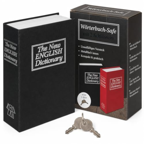 MIJOMA Wörterbuch-Safe mit Schlüssel, Wertsachen-Geheimversteck, Schwarz | unauffälliges Design – robuste Metallkassette – 19 x 11,5 x 5,4 cm – Buchsafe für Zuhause, Büro & Reisen