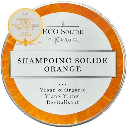 HC Prestige Shampoing Solide à l’Orange – Purifiant & Revitalisant – Vegan, 96% Naturel, Sans Sulfate, Sans Silicone – Zéro Déchet – Tous Types de Cheveux – 60 g + Boîte Métal Voyage