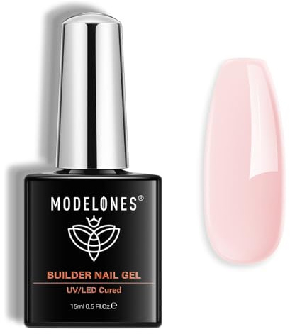 Modelones Builder Gel, 8-in-1 Barely Pink Gel Builder for Nails, Hard Gel Nail Strengthener Color Base Extension Gel Nail Builder Gel in a Bottle 15 ML for Women
