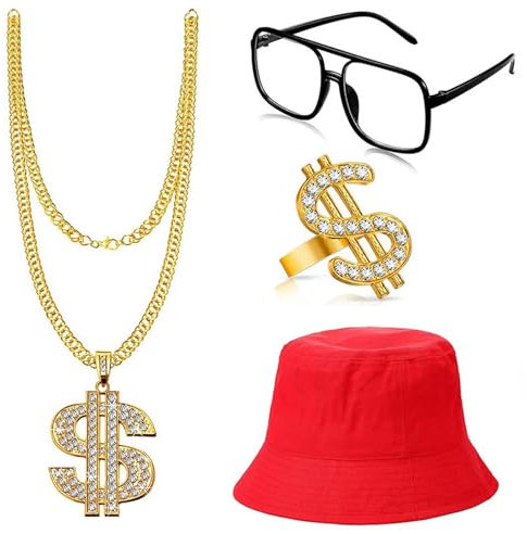 jiingekk 80er 90er Rapper Kostüm Set für Herren Damen 80er 90er Jahre Hip Hop Kostüm Zubehör Brille Halskette Eimer Hut Radio