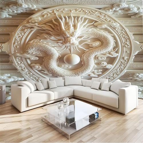 Bianco Carta da parati Fotomurali Vello Murale, Drago Bianco 3D Che Gioca Con Le Perle 200 x 140cm per Moderne Decorazione Soggiorno Camera De Letto Sala Ufficio