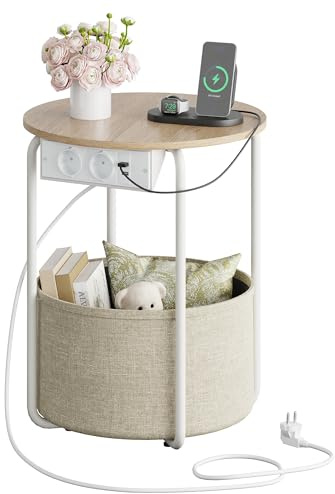 WLIVE Table Basse et Table d'Appoint avec Station de Recharge - 2 Prises AC, 2 Ports USB, Panier de Rangement Intégré - 40x40x49 cm, pour Salon et Chambre, Jaune Solaire