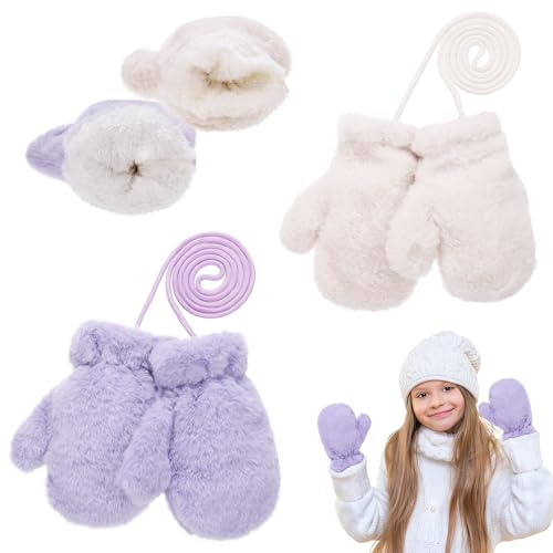 Yimomoyi Moufles Enfant 2 Paires Gants d'Hiver Gants Enfant, Gants d'Enfants, 3 à 7ans Enfants Thermique Mitaines avec Corde, Moufle Epais Enfant Gants Cadeau de Noël