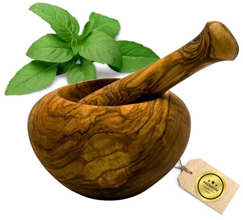 FiguraSanta Mörser aus Olivenholz mit Stößel - Handgefertigter Gewürz- & Kräutermörser - Hochwertiger Küchen Mörser klein zum Zerstoßen von Pesto, Gewürzen & Kräutern Ø 14cm