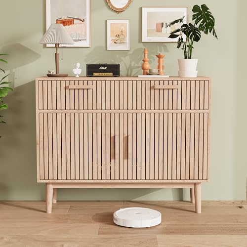 Rattan Sideboard Kommode mit 2 Schublanden und 2 Türen,100x35x80 cm Küchenschrank, Aufbewahrungskommode, Rattan Sideboard Schrank Beistellschrank, kommode Schmal, Modern Schrank für Wohnzimmer
