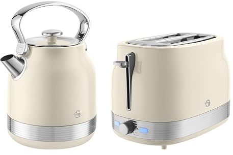 Swan Retro Kitchen Set, 1.7L Rapid Boil Traditional Kettle and 2 Slice Toaster, Non-Slip Feet, Cream, SK14631C & ST19028C