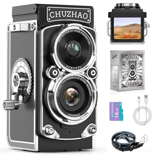 Mini cámara digital retro, cámara de fotos portátil con tarjeta de 16 GB, vídeo 1080P FHD de 12 MP, enfoque automático, cámara retro USB, compacta, vintage, cámara digital para principiantes