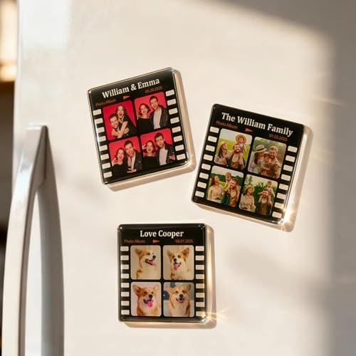 Kühlschrankmagnet Personalisiert, Fotomagnete Selbst Gestalten mit Foto, Name und Datum, Personalisierte fotomagnete im Retro Film Stil, Fotogeschenke Personalisiert für Weihnachten Valentinstag