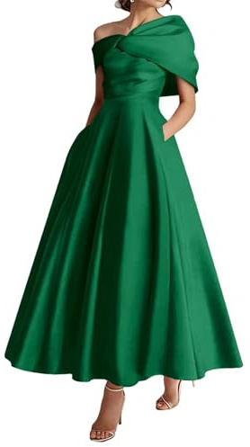 KIYNE Abito da donna per la madre della sposa con tasche, scollo a V, in raso, abito formale, Verde smeraldo, 44