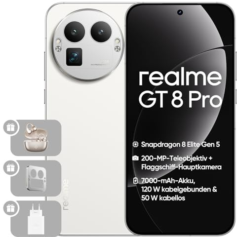 realme GT 8 Pro, 12+256 GB, Snapdragon 8850, Fotocamera Teleobiettivo 200MP, 50MP IMX906 OIS, Display 6,78 2K 144Hz, Batteria 7000mAh, Ricarica Wireless 50W, IP69, Bianco, Adattatore Incluso
