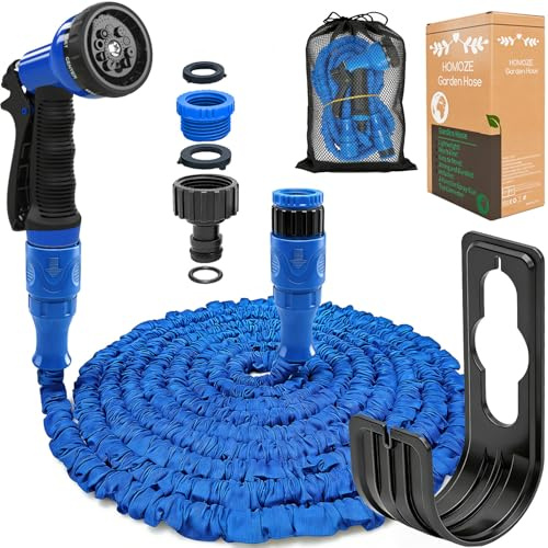 Garden Hose Pipe Expandable Garden Hose with 3/4, 1/2 Fittings, Anti-Leakage - Flexible Expanding Hose with 8 Function Spray Nozzle by Homoze (Blue, 100ft)