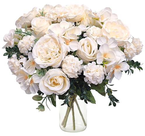 Jusdoja 4 Bündel Pfingstrosen Kunstblumen wie Echt, Weiße Fake Blumenstrauß | Kunstblumenstrauß mit Hortensien, Rosen. Für Innen & Draußen, Hochzeit, Zimmer, Tisch & Vase Deko.