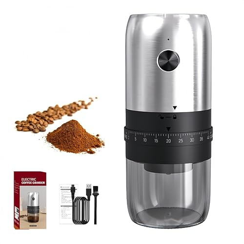 Elektrische Kaffeemühle klein – Kaffeemühle elektrisch mit Keramikmahlwerk, Mahlgrad einstellbar (40 Stufen), 25g Bohnenbehälter, Leise EIN-Knopf-Operation (Silber)