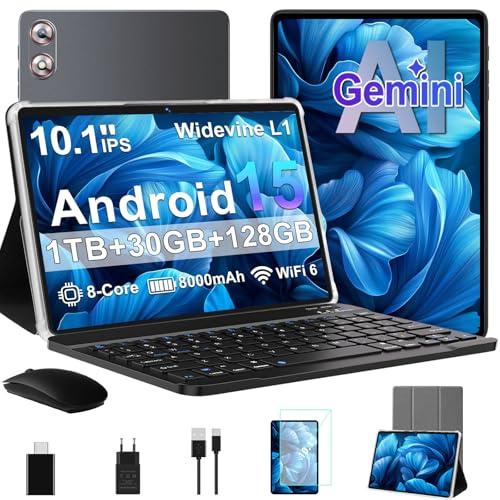 Tablette tactile Android 15 Gemini AI 10,1 Pouces, 30Go RAM+128Go ROM, Gris | Clavier, Souris et étui de Protection, processeur Octa-Core, 8000mAh, Wi-FI 6, Widevine L1, Prise Audio 3,5mm, GPS